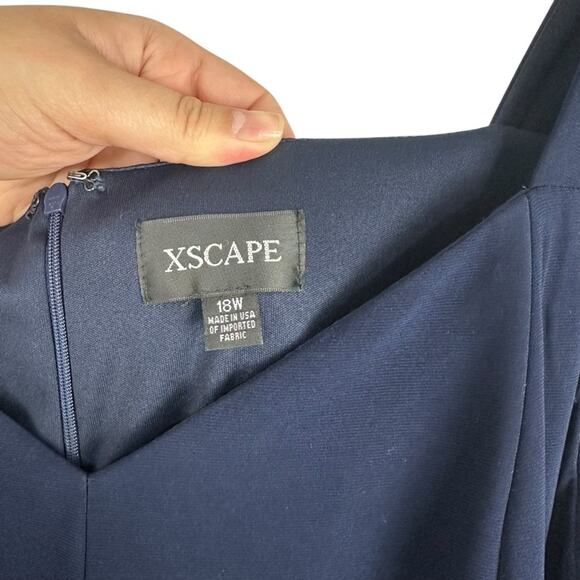 Xscape Navy Blue Brocade Floral High Low Formal Long Sleeve Midi Gown Size 18W - Picture 3 of 14